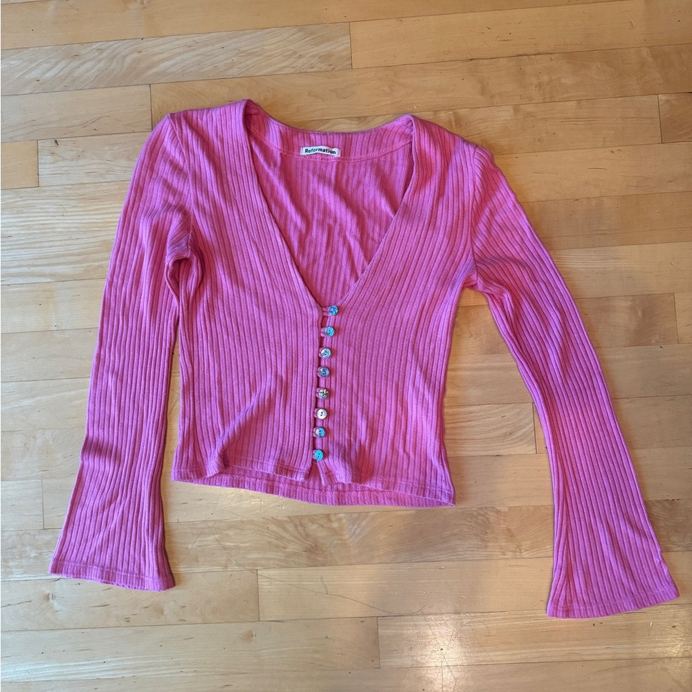 Reformation Pink Ribbed Button-Up Top